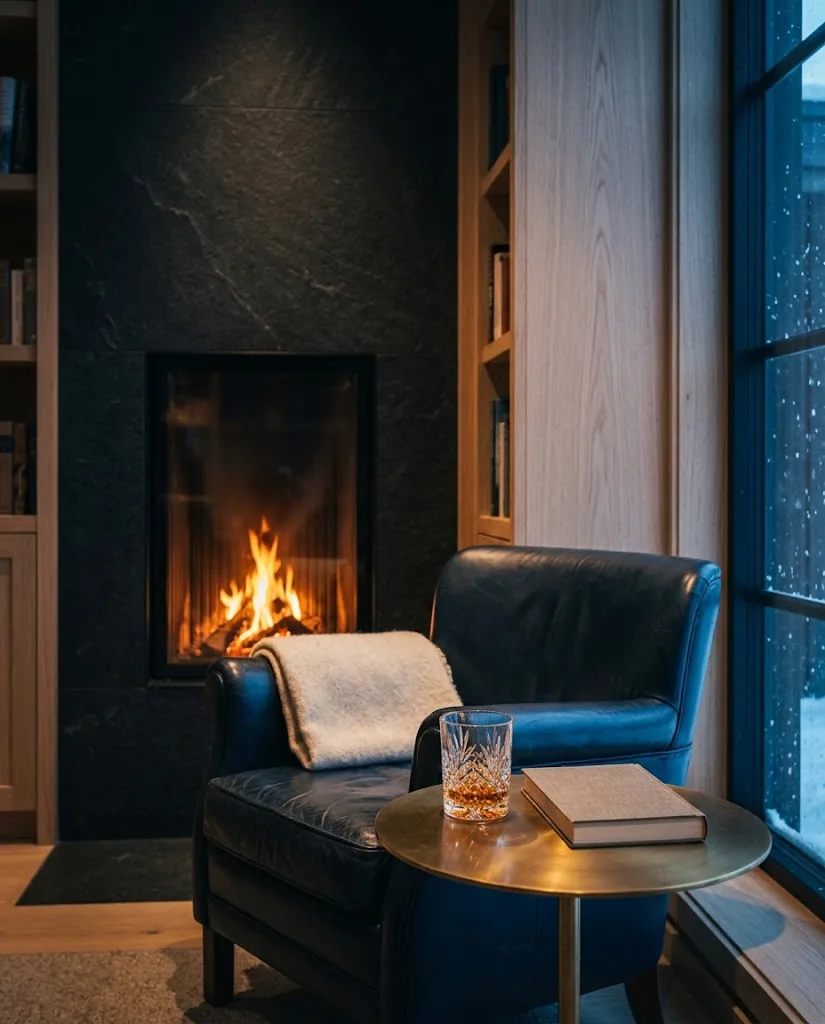 Artist's impression of a fireside reading corner with a leather armchair beside a tall window