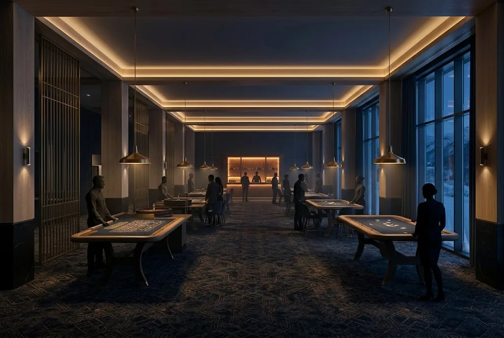 Artist's impression of the planned hotel casino floor, card tables in a long, softly lit room with windows onto the fjord
