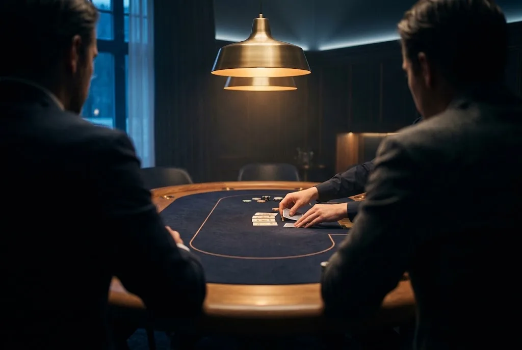 Artist's impression of two guests at a poker table under a brass pendant lamp