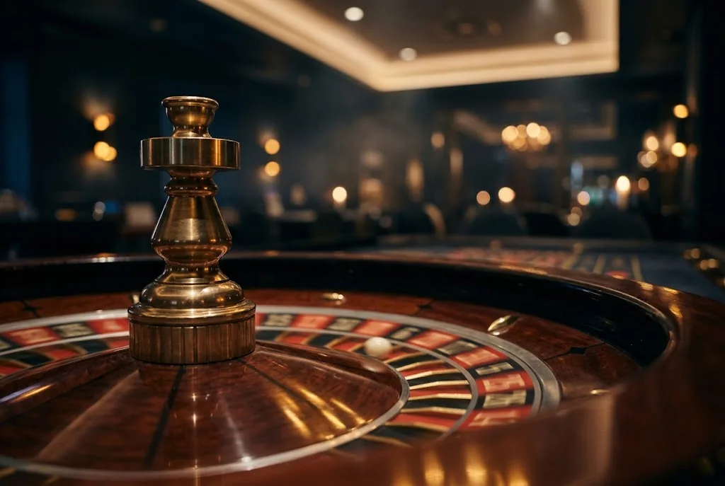 Artist's impression of a polished roulette wheel in a dimly lit room
