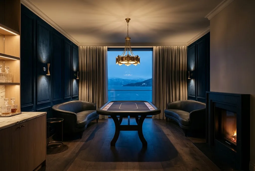 Artist's impression of a private salon with a card table, armchairs, a fireplace and a fjord view