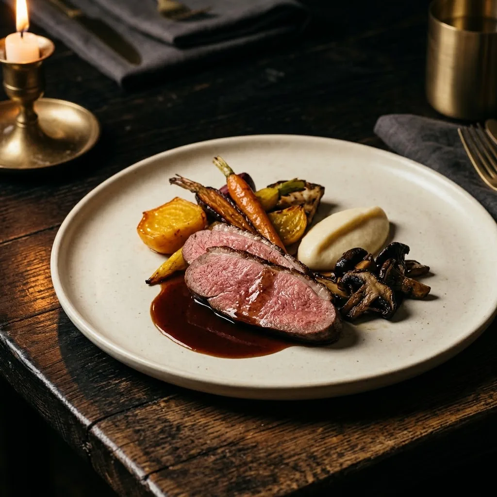 Artist's impression of roasted lamb loin with glazed carrots and a dark jus