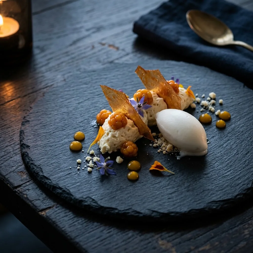 Artist's impression of a dessert of ice cream, crumble and berries on a slate plate