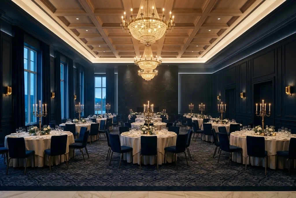 Artist's impression of the planned ballroom, round tables beneath crystal chandeliers and dark panelled walls