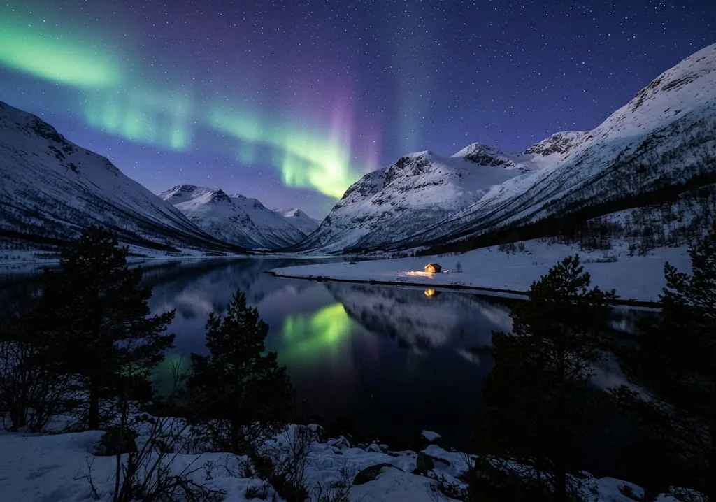 Artist's impression of the northern lights over a snowy valley and a still lake