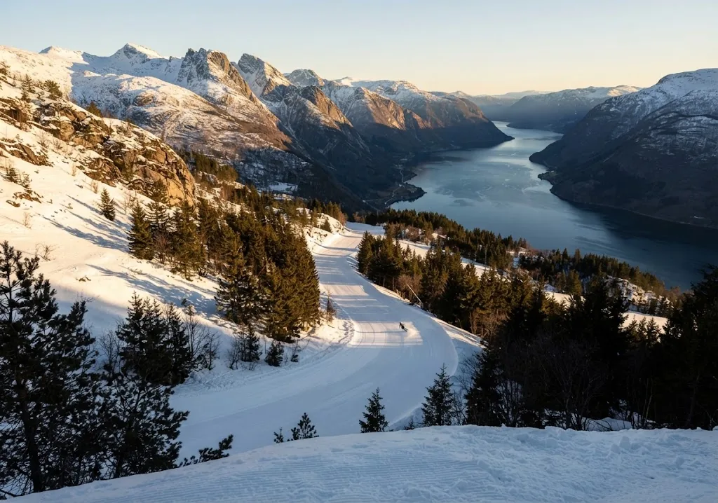 Artist's impression of a snowy ski slope above a fjord in low winter sun