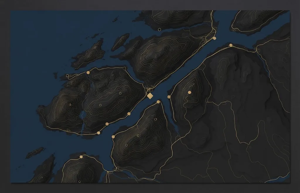 Artist's impression of an illustrative map of the fjord coast, with gold markers for towns and routes