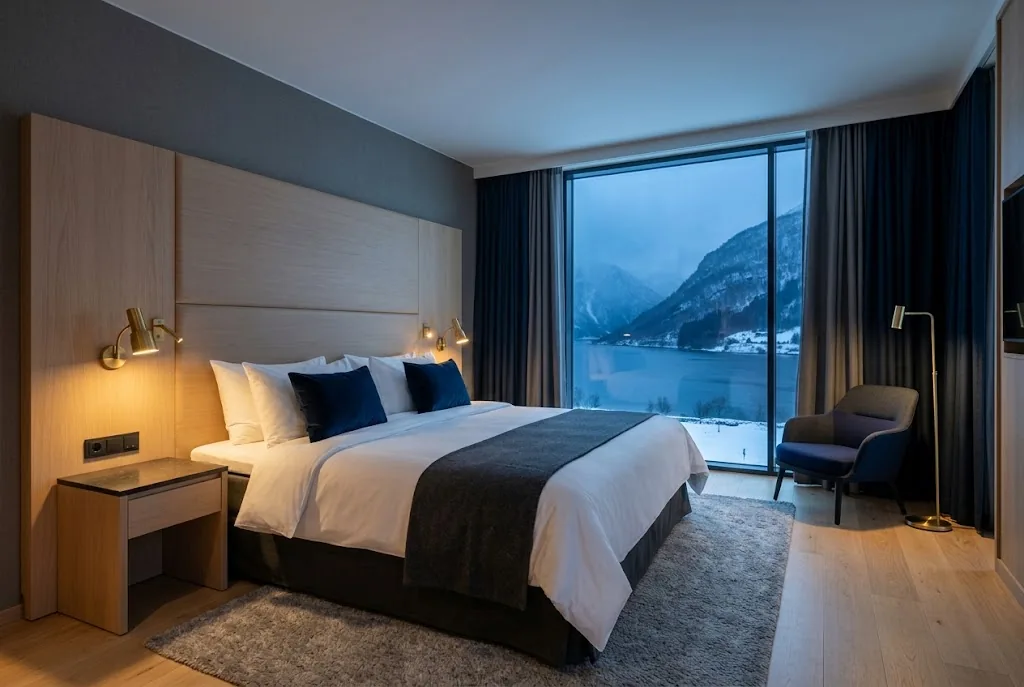 Artist's impression of the planned Deluxe Room, the bed facing a full-height window onto the fjord
