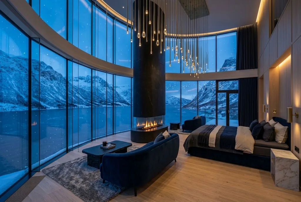 Artist's impression of the planned Panoramic Suite, a curved wall of glass around a suspended fireplace and the fjord