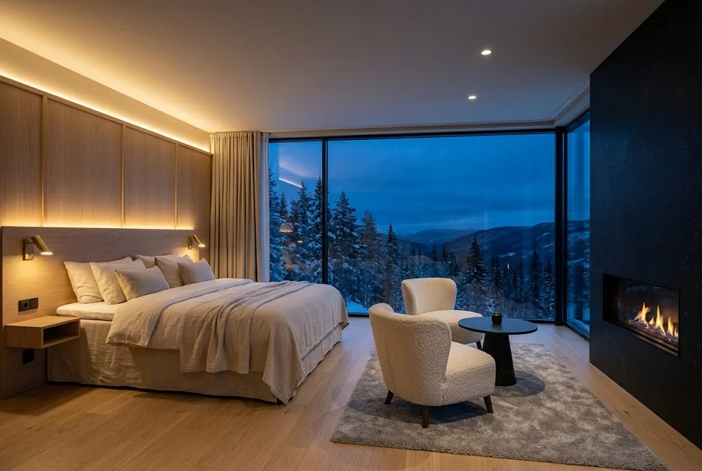 Artist's impression of the planned Superior Room with a fireplace, two armchairs and corner windows onto a snowy forest