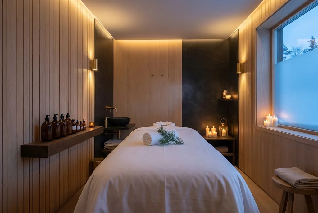 Artist's impression of a treatment room with a massage table, pale timber walls and a frosted window